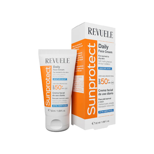 PROTECTOR SOLAR Y CREMA FACIAL DIARIA SUNPROTECT DE REVUELE: REFUERZO HIDRATANTE, FPS 50+