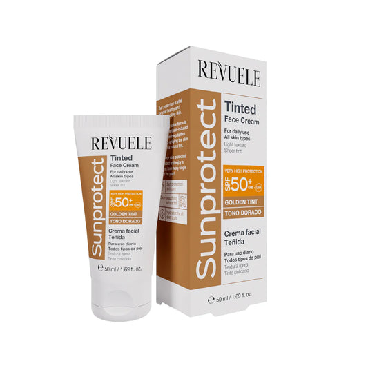 PROTECTOR SOLAR Y CREMA FACIAL CON COLOR REVUELE SUNPROTECT – TONO DORADO, FPS 50+