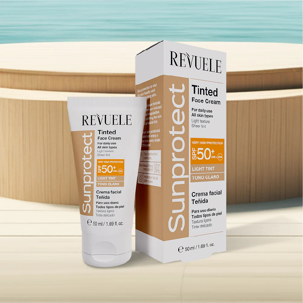 PROTECTOR SOLAR Y CREMA FACIAL CON COLOR REVUELE SUNPROTECT – TONO CLARO, FPS 50+